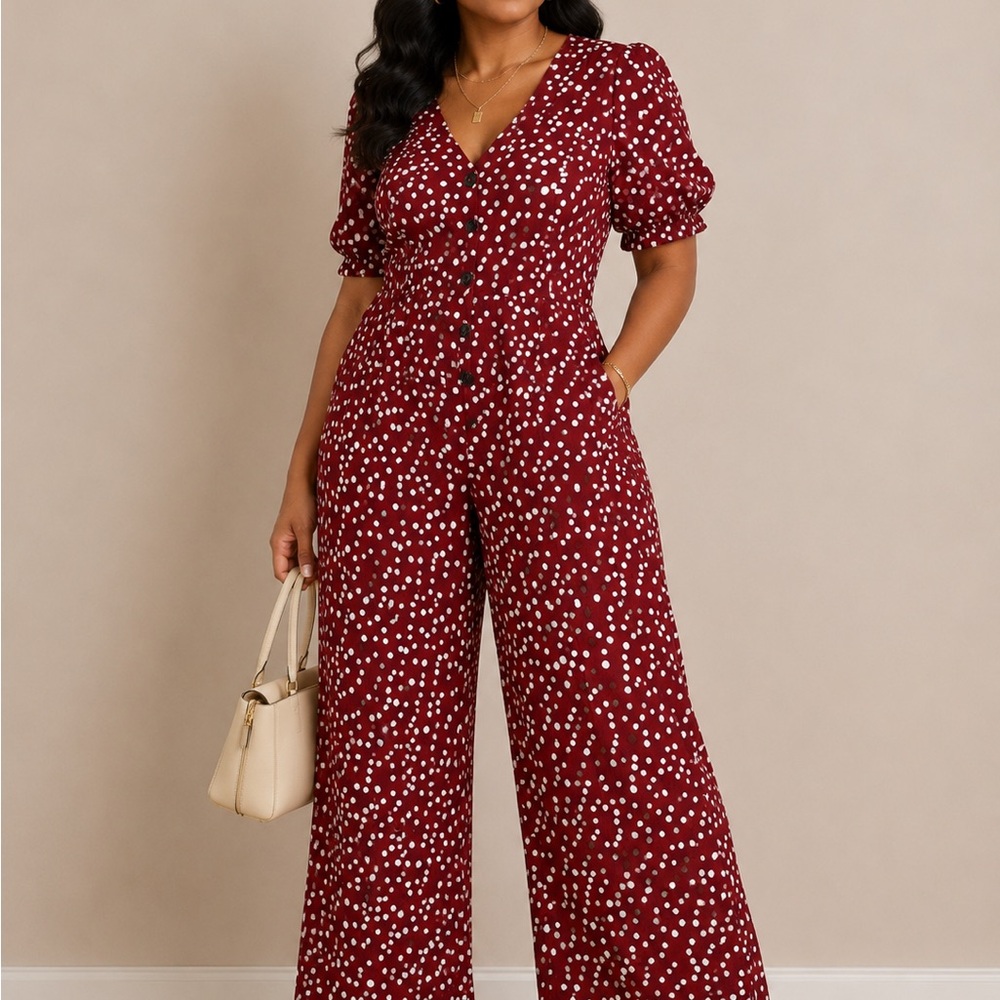 Deep Red Polka Dot Button-Front Wide Leg Jumpsuit